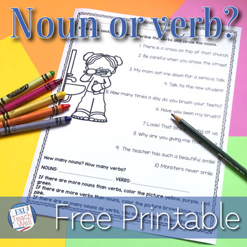 Noun or verb? Let your students identify and decide which words in the sentences are nouns or verbs. There are two FREE printable worksheets with lots of sentences for your students to practice #ESLteachwell #nouns #verbs #ELL #ESL #classroomfreebie 