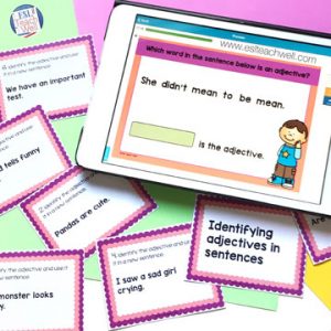 Adjectives Task Cards: set of printable and digital task cards for your students to practice identifying adjectives in sentences! #ESLTeachWell #adjectives #partsofspeech #teacherspayteachers #boomlearning